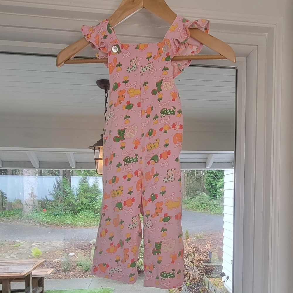 Vintage Healthtex Stantogs Pink Cartoon Pattern Size 18 Mth Corduroy Overalls